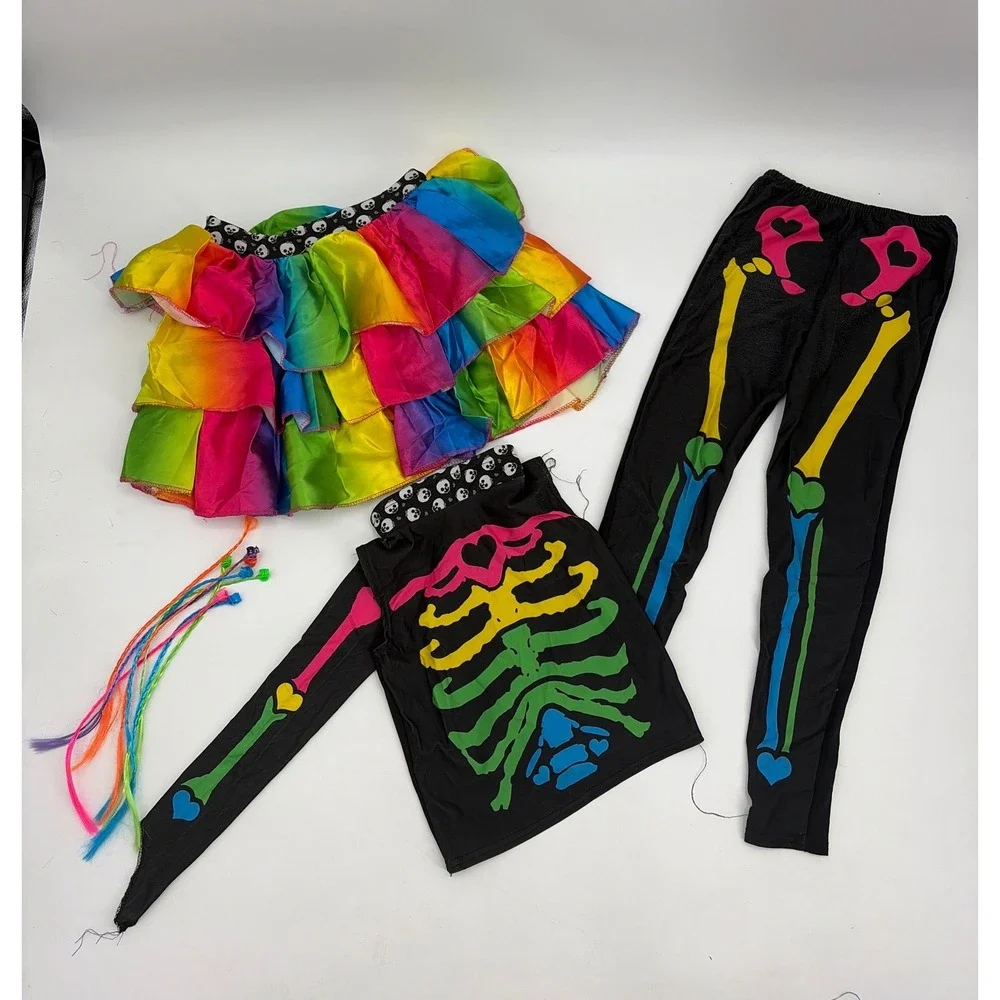 Spooktacular Creations Funky Bones Skeleton Rainbow Costume Girls Small 5-7 FLAW